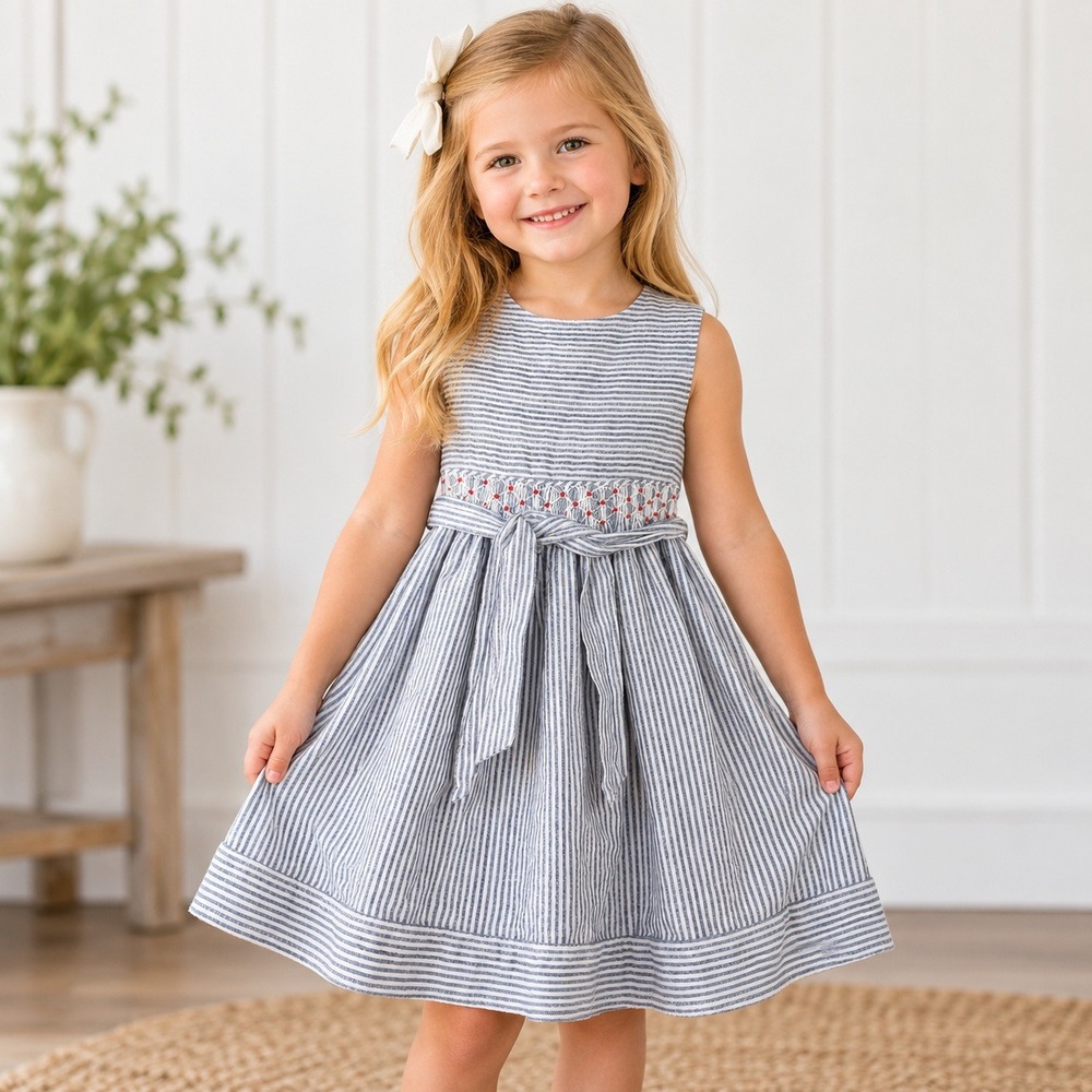 Edgehill Collection Girls 4T Blue White Stripe Smocked Bow Cotton Dress